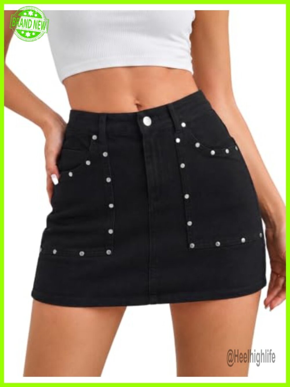 Women's Denim Mini Skirt Mid Rise Rivets Jean Skirt with Pockets